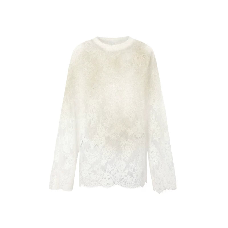 Layered Ribbed Lace-Trim Crewneck T-Shirt