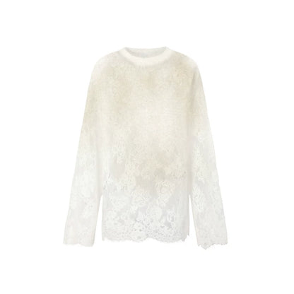 Layered Ribbed Lace-Trim Crewneck T-Shirt