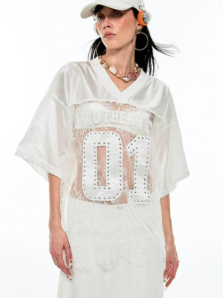 Lace Hollow-Out Oversized Jersey Shirt - CHINASQUAD