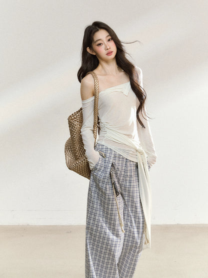 Asymmetric Shoulder Cross-Tie Knit T-Shirt