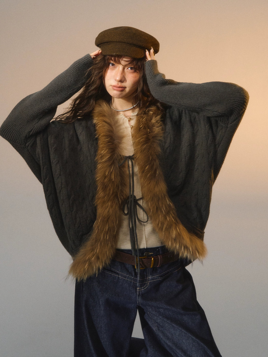 Tie-Detail Batwing Faux Fur Collar Sweater