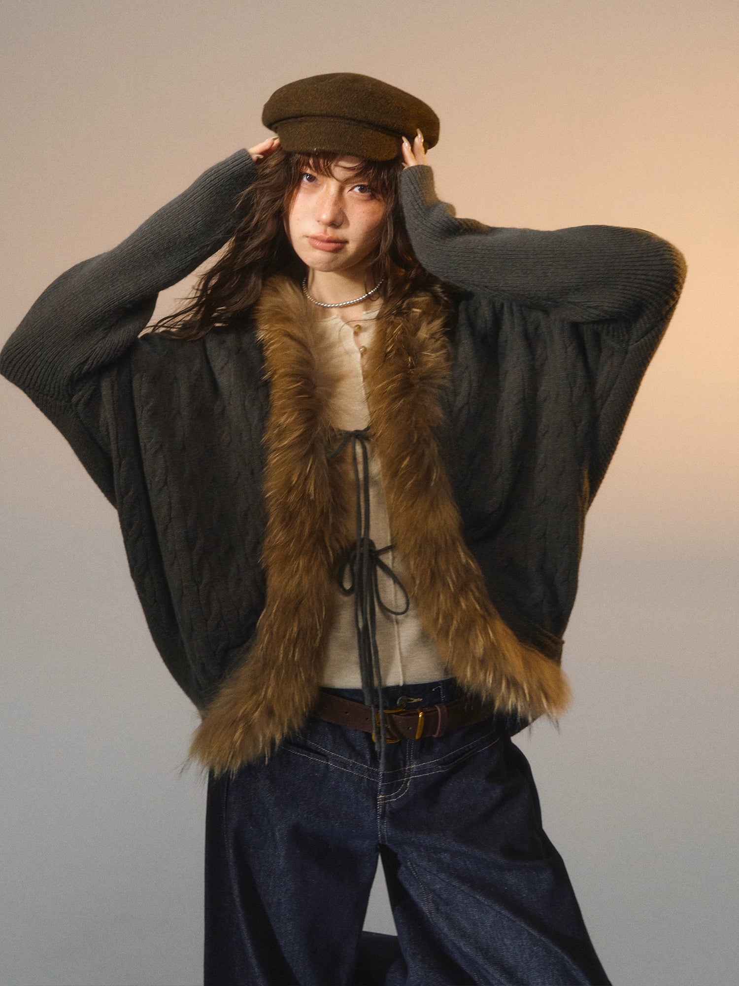 Tie-Detail Batwing Faux Fur Collar Sweater