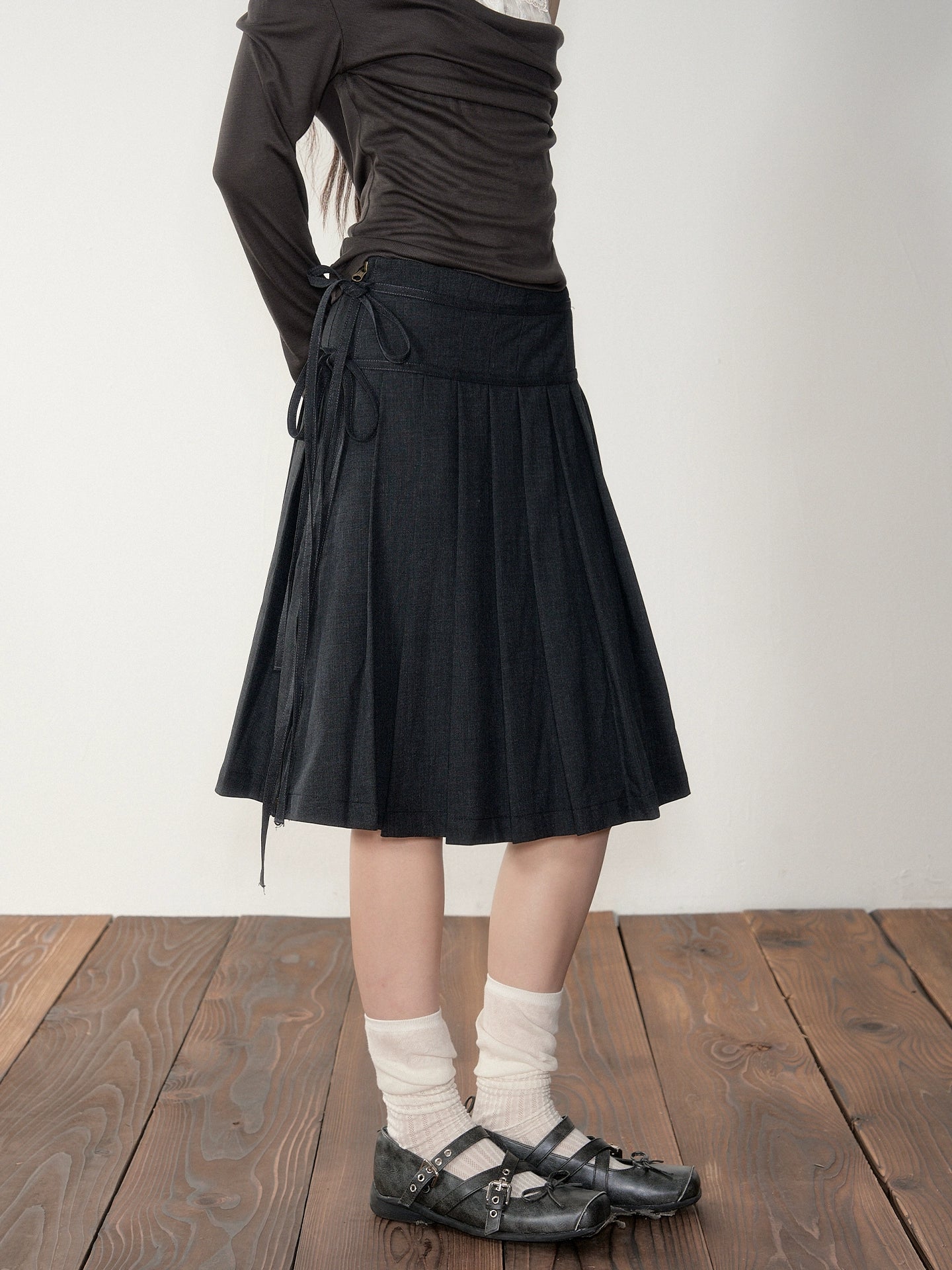 Dark Grey Tie-Waist Pleated Midi Skirt - CHINASQUAD