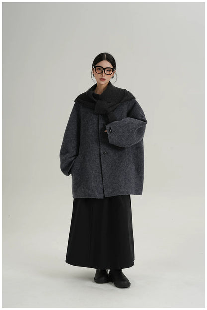 Knitted Hooded Scarf Mid-Length Wool Coat