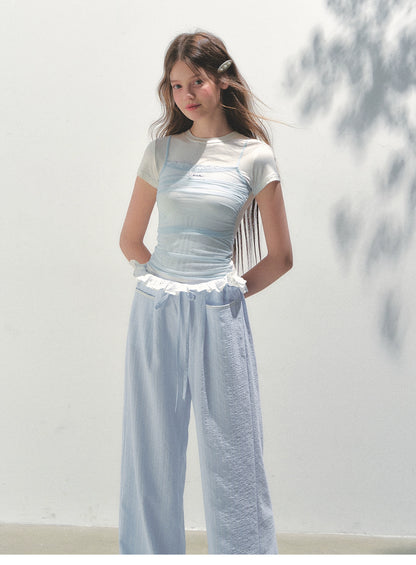 Contrast Color Fake Two-piece Mesh Lace Short-sleeve T-shirt