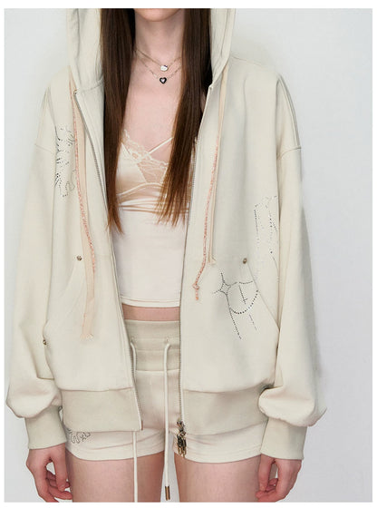 Rhinestone-Embellished Hooded Sweatshirt Jacket