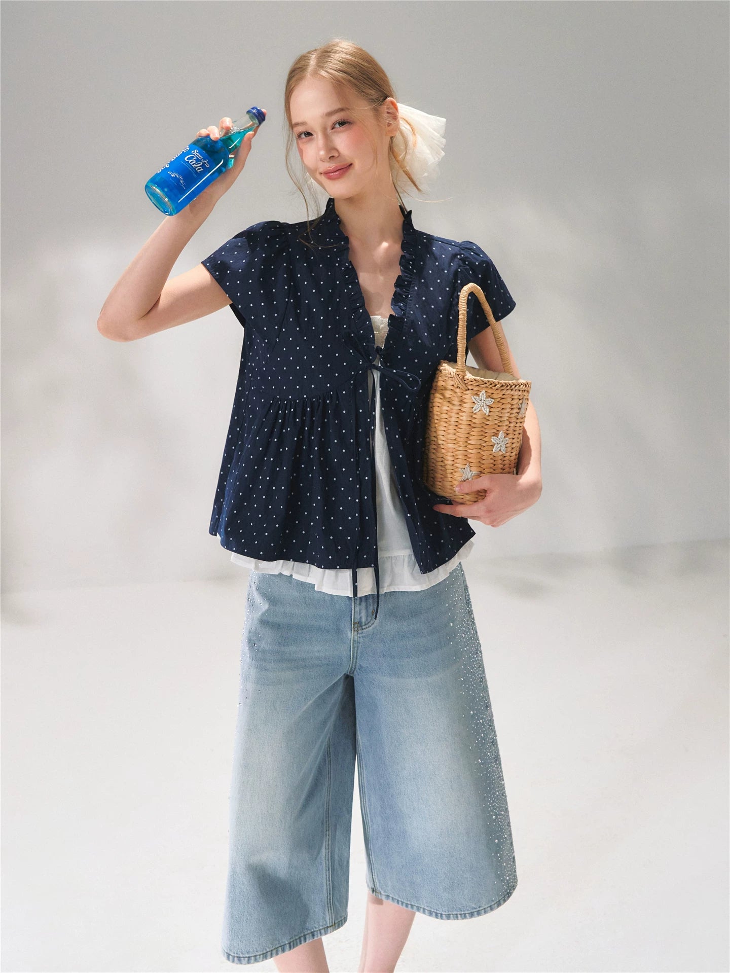 Crystal-Embellished Wide-Leg Cropped Denim Jeans