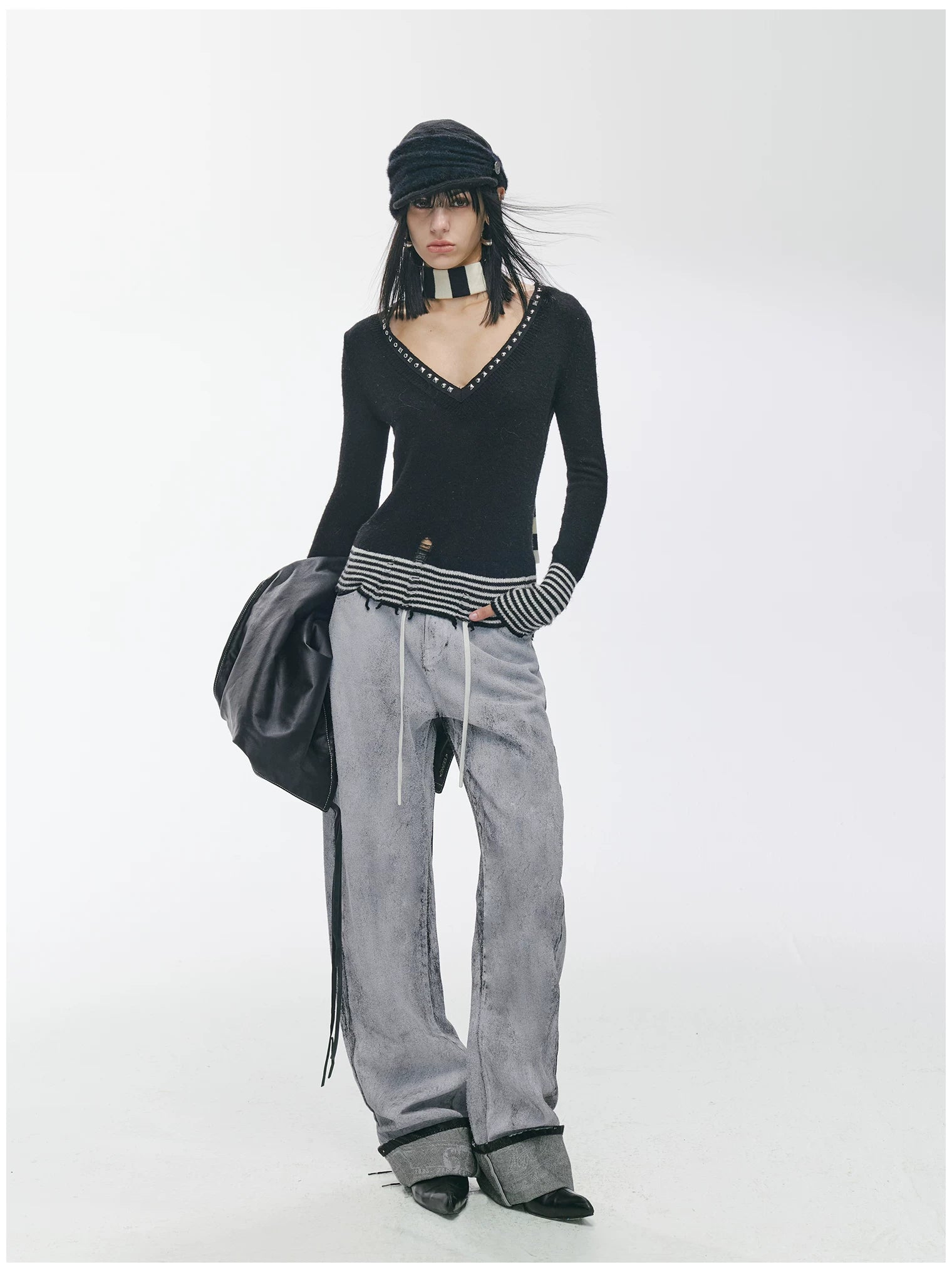 Striped Panel Slim-Fit Wool Knit Top