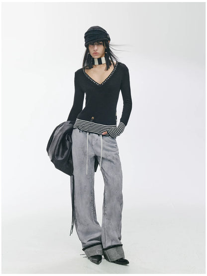 Striped Panel Slim-Fit Wool Knit Top