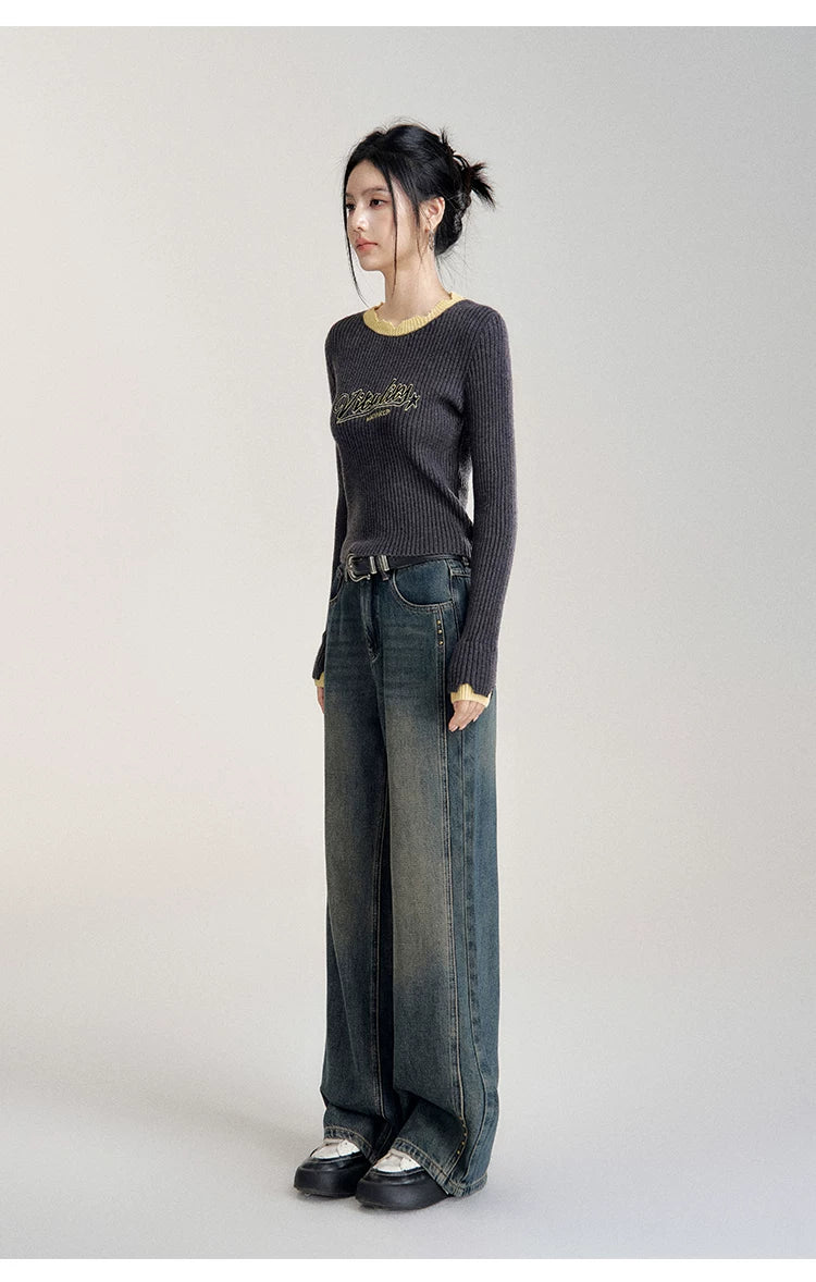 Gray Contrast Color Layered Knit Top
