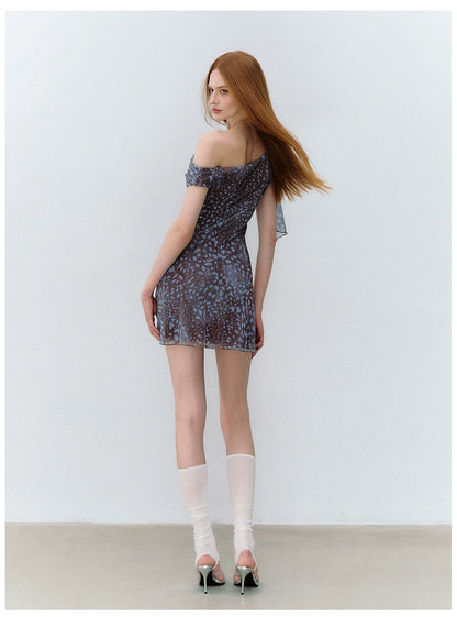 Asymmetrical Shoulder Floral Ribbon Fitted Dress