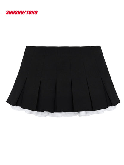 Black &amp; Gray Pleated A-line Mini Skirt - CHINASQUAD