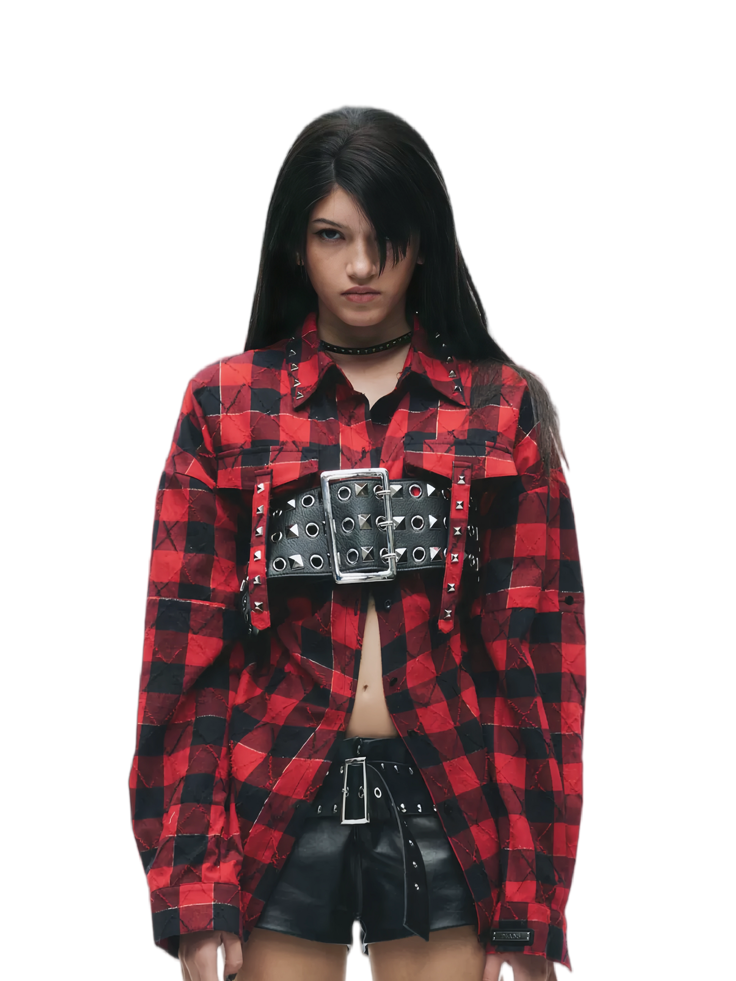 Washed Studded Plaid Oversized Shirt