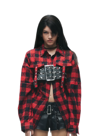 Washed Studded Plaid Oversized Shirt