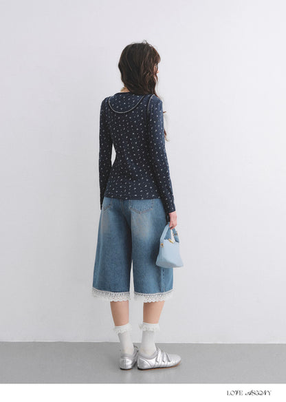 Vintage Washed Denim Cropped Jeans with Lace Embroidered Hem