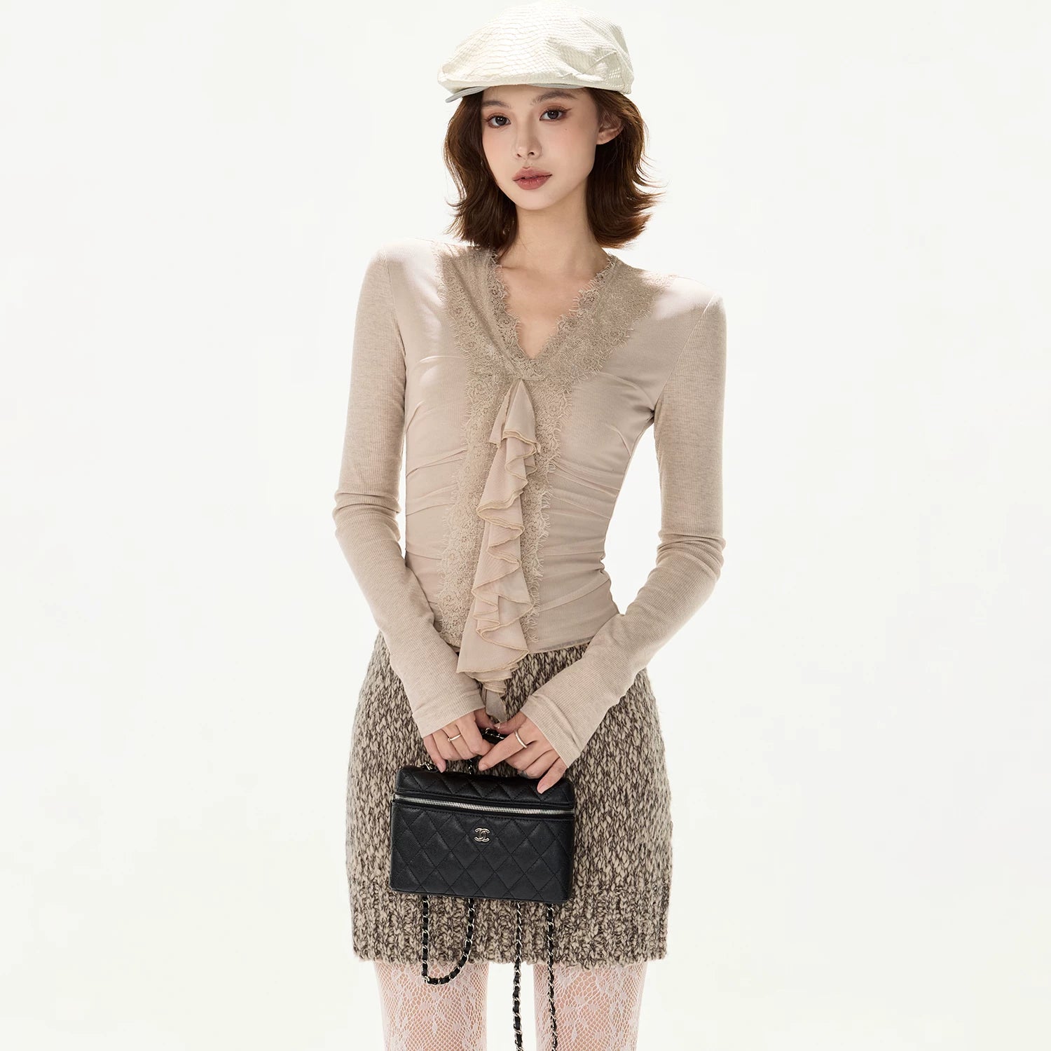 Elegant Lace Ruffle Knit V-Neck Top