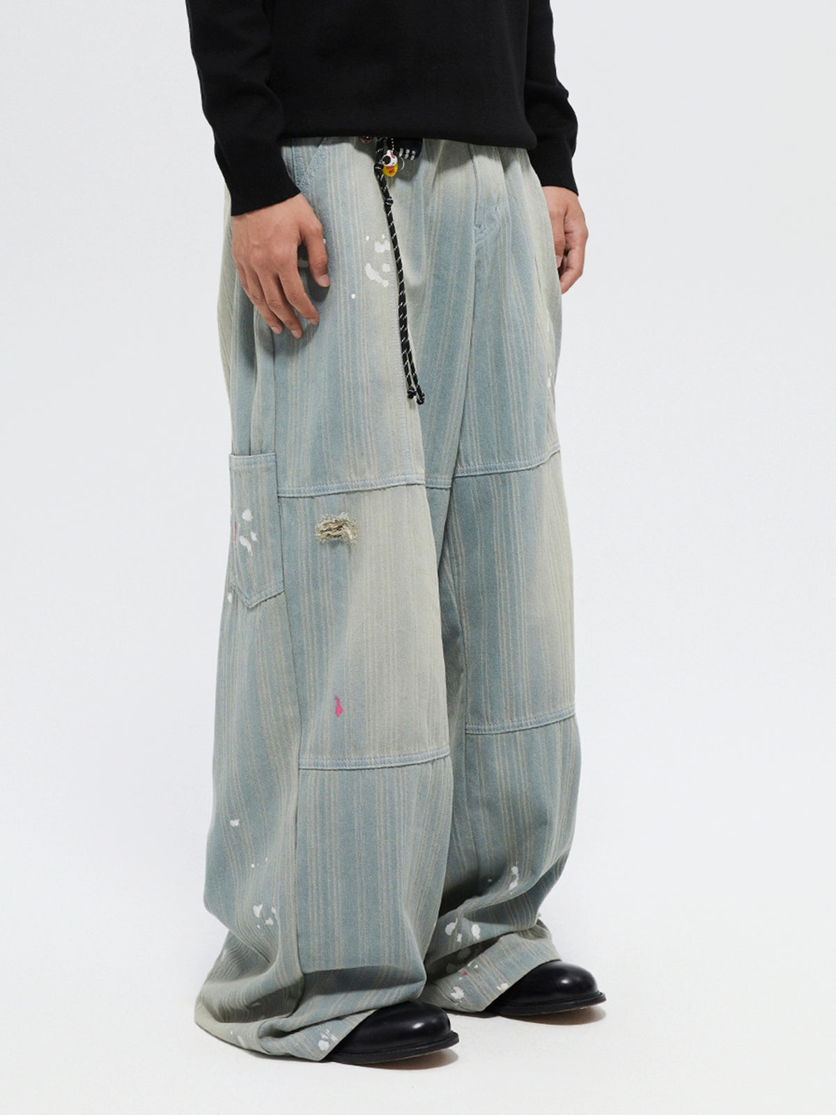 Splattered Wash Stripe Texture Workwear Denim Pants