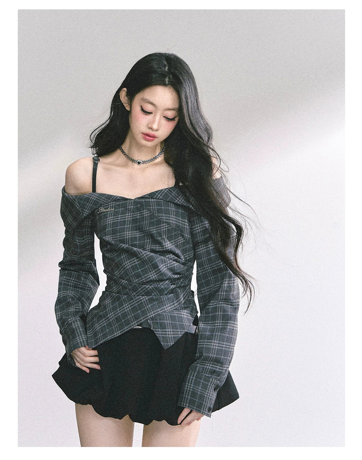 Off-Shoulder Plaid Long-Sleeve Shirt