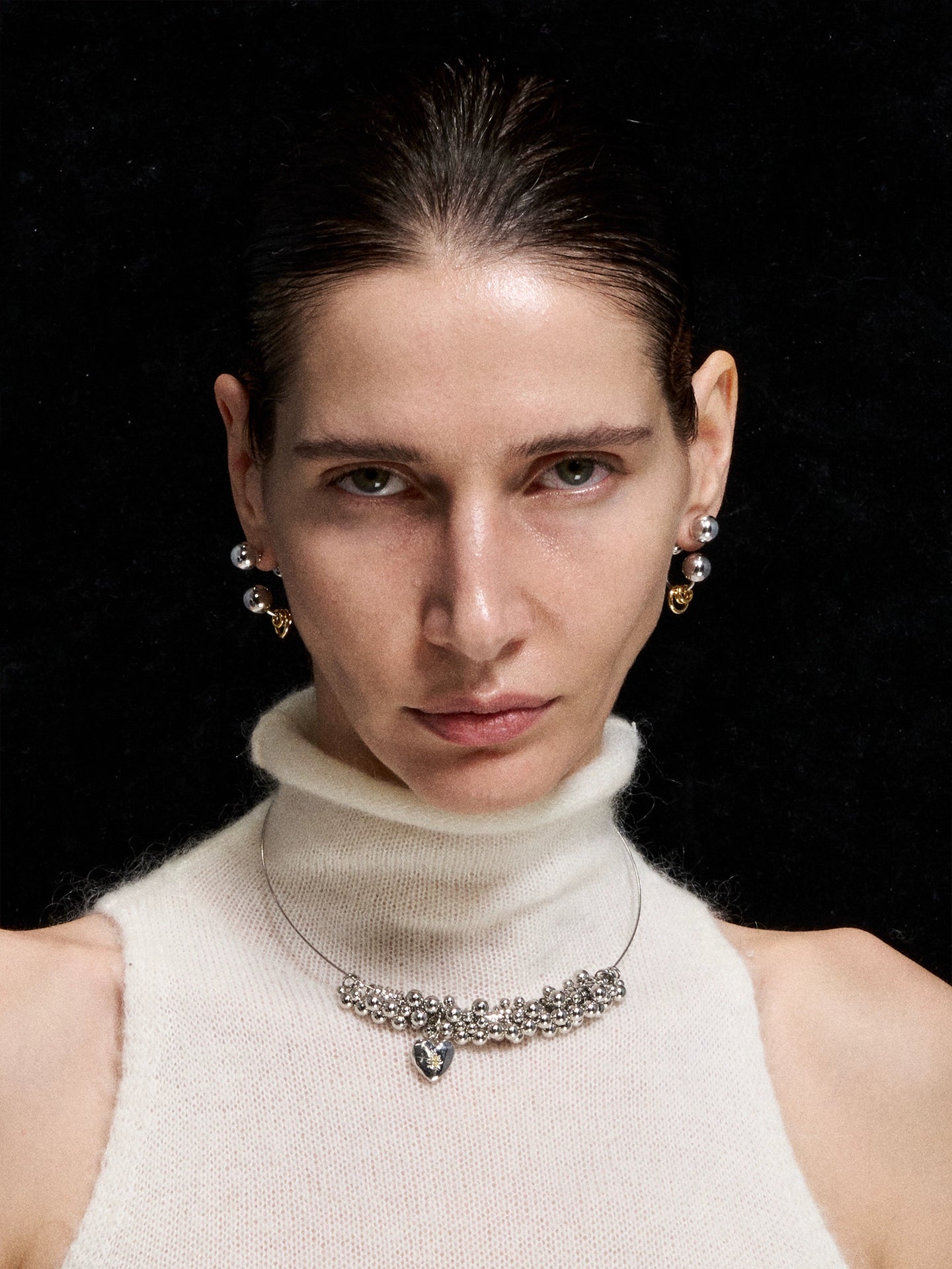 Silver-Tone Heart Charm Beaded Choker