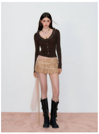 V-Neck Lace-Trim Fitted Knit Cardigan