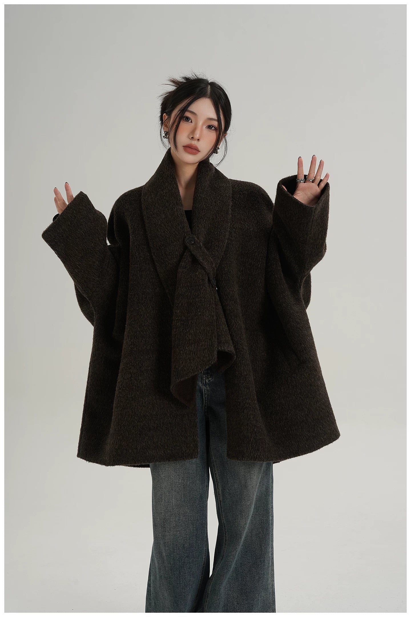 Scarf-Detail Mid-Length Wool Jacket