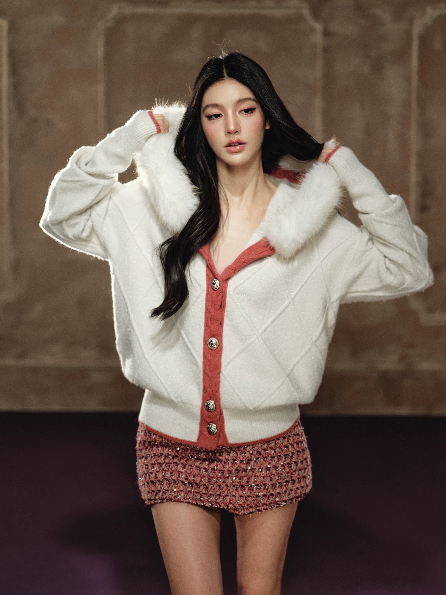 Detachable Fur-Collar Argyle Hooded Knit Cardigan