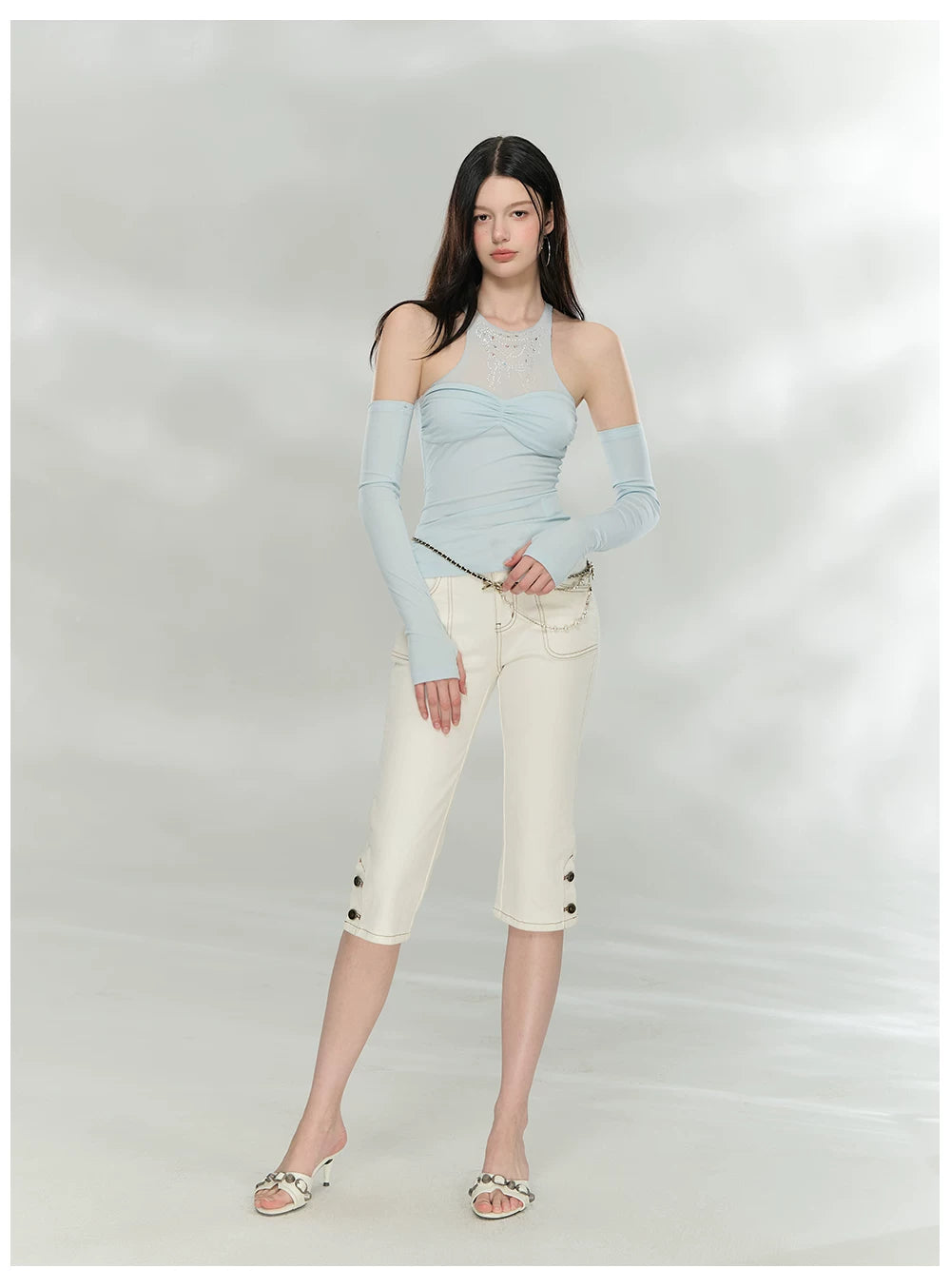 Detachable Mesh Panel Halter T-Shirt