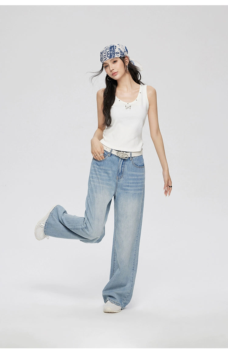 Blue Lyocell Tencel Jeans Wide-Leg Pants