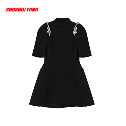 Black High-waisted Cheongsam Mini Dress - CHINASQUAD