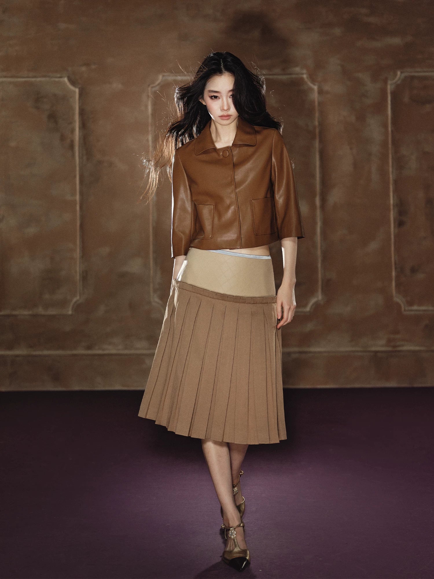 A-Line Skirt &amp; Cropped Sleeve PU Jacket Set
