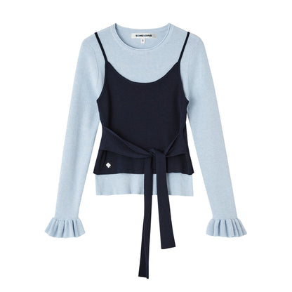 Faux Two-Piece Contrast Tie Sweater