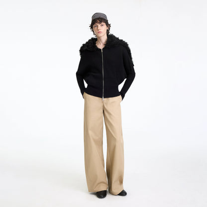 Wool-Blend Hooded Faux Fur Collar Knit Jacket