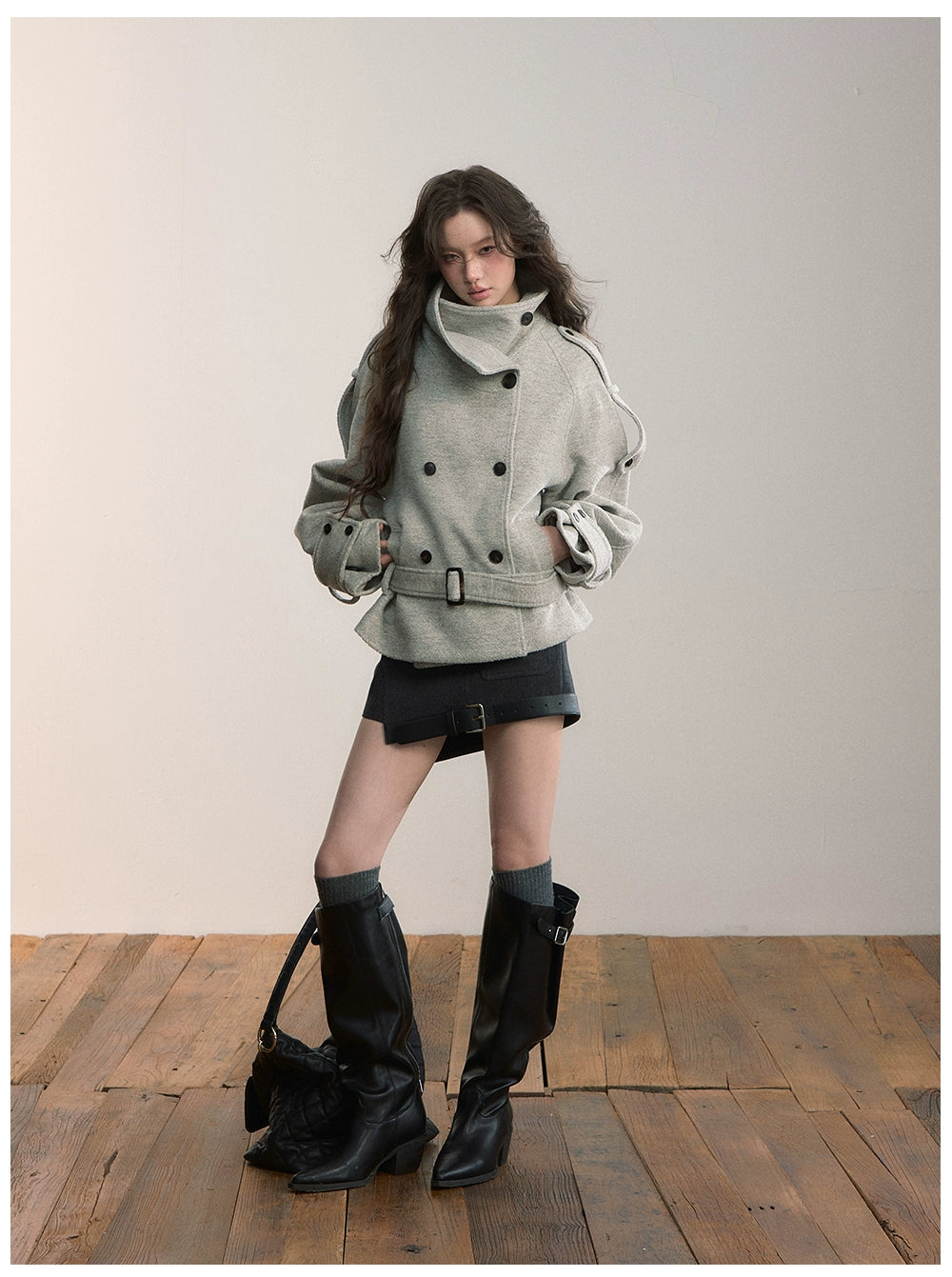 Contrast Double-Breasted Wool-Blend Belted Jacket