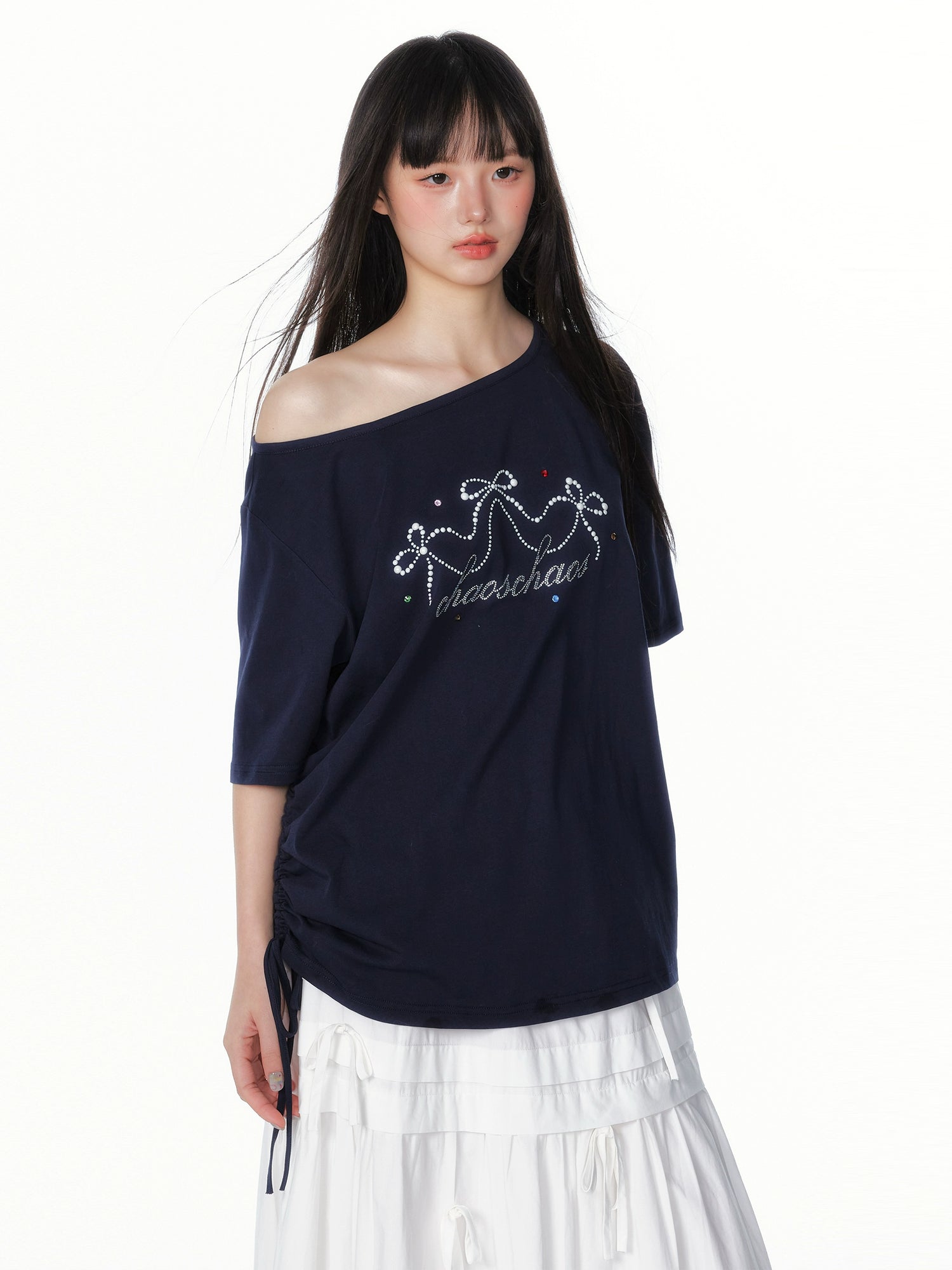 Asymmetric Bow &amp; Pearl Off-Shoulder T-Shirt