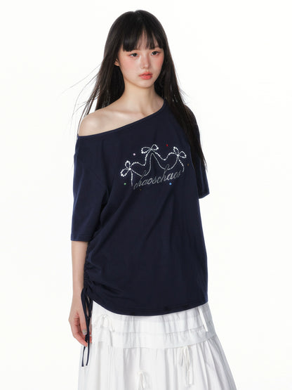 Asymmetric Bow &amp; Pearl Off-Shoulder T-Shirt