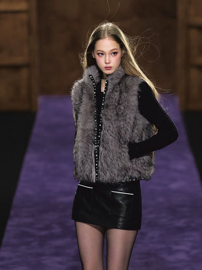 Beaded Faux Fur Layered Vest