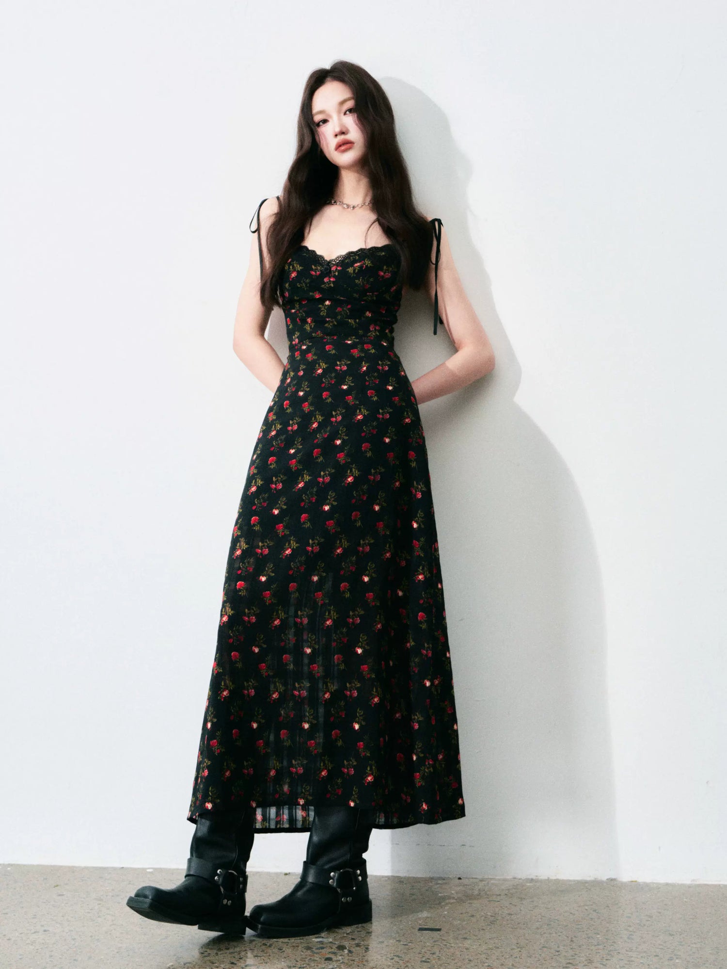 Vintage Floral Tie-Waist A-Line Maxi Dress