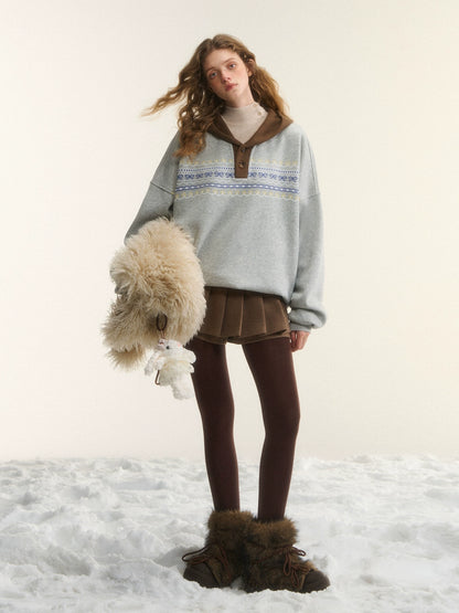 Contrast Patchwork Hooded Fleece Sweatshirt