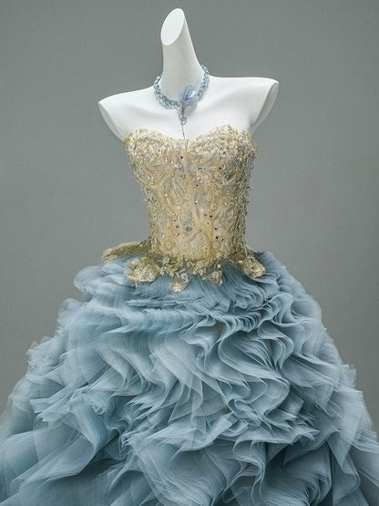 Blue Tears Ruffled Tulle Gown with Embellished Bodice