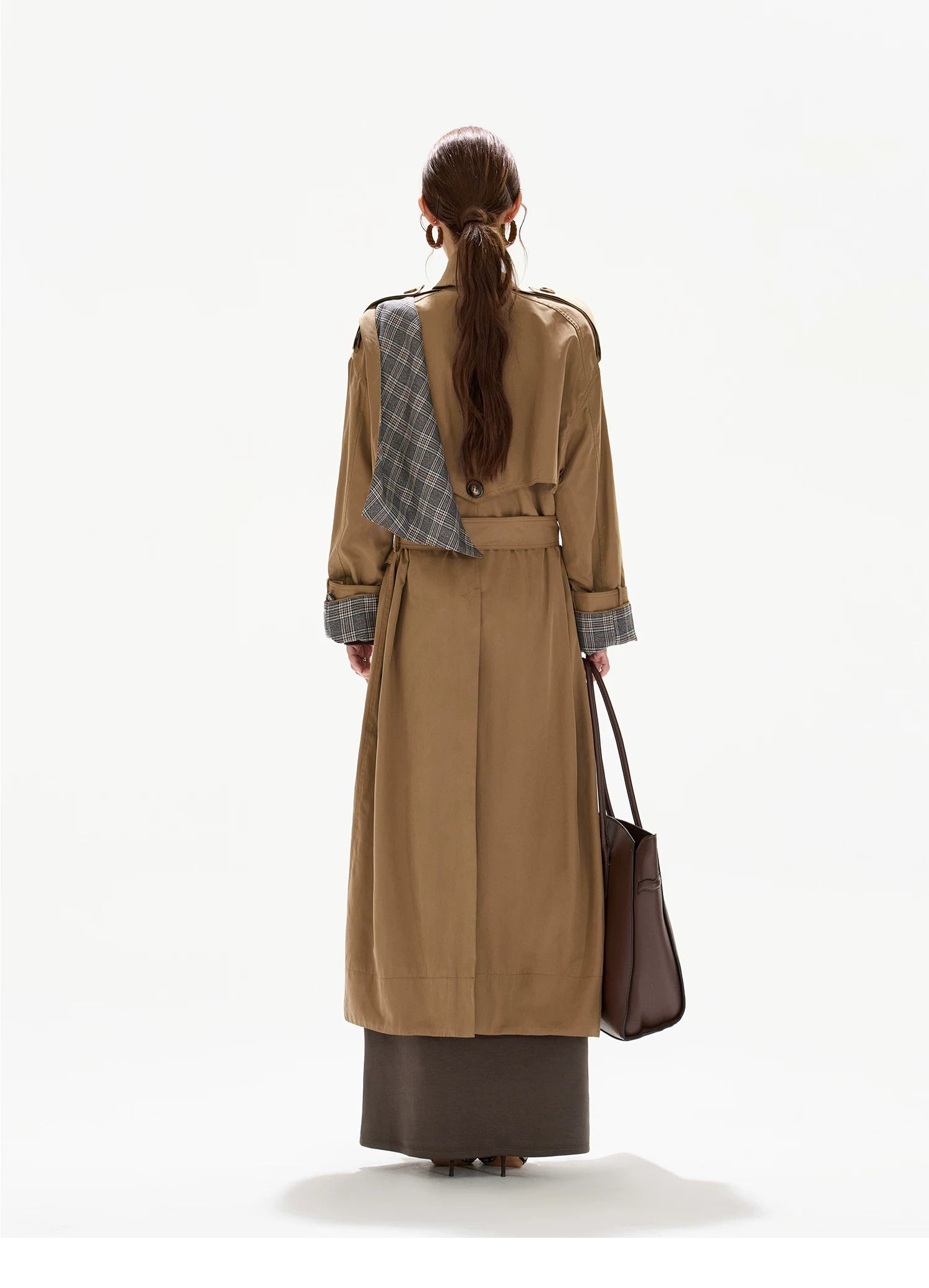 Double-Breasted Check-Panel Trench Coat
