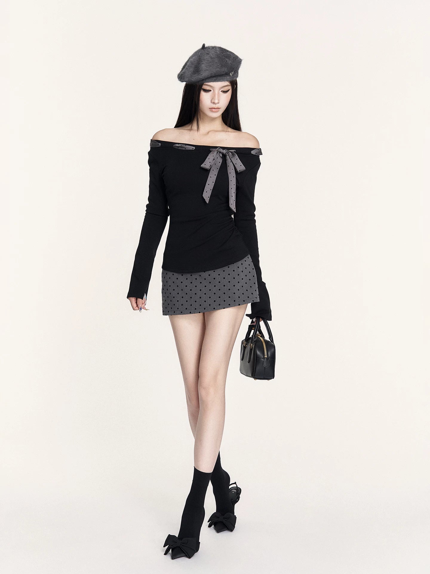 Polka-Dot Tie-Up Slim-Fit Long Sleeve T-Shirt