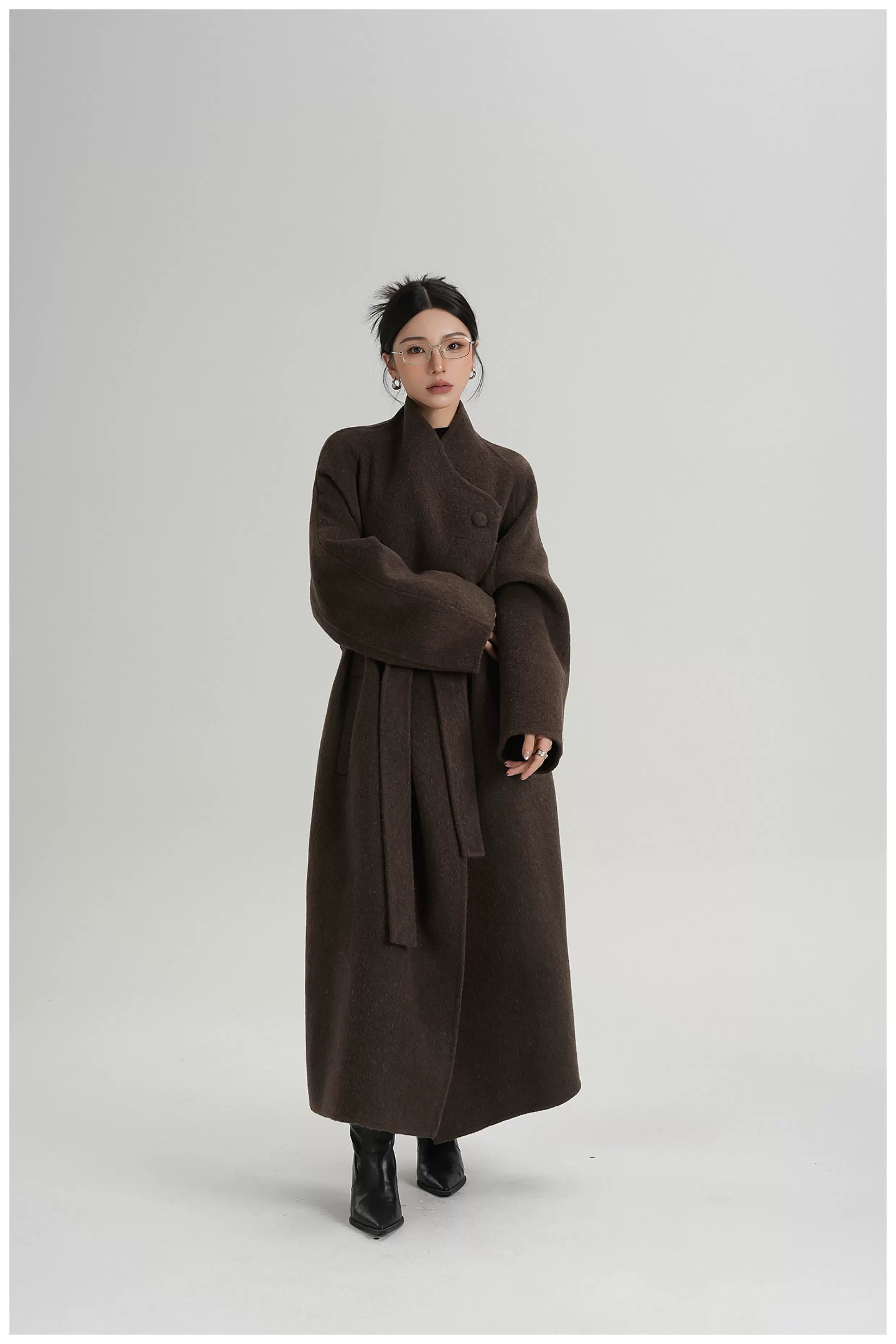 Asymmetric Button Long Wool Coat