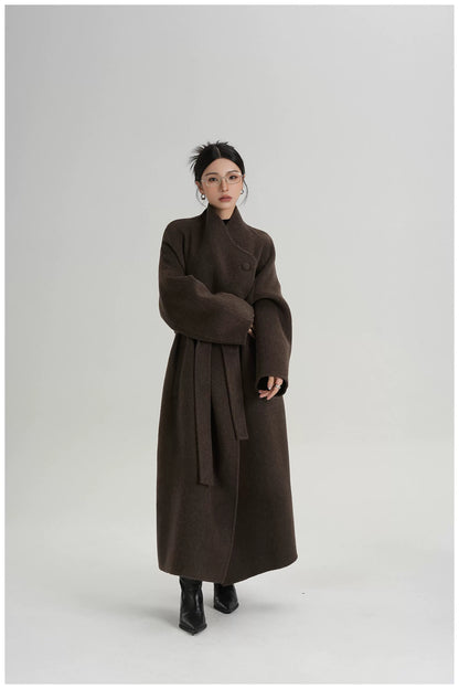 Asymmetric Button Long Wool Coat