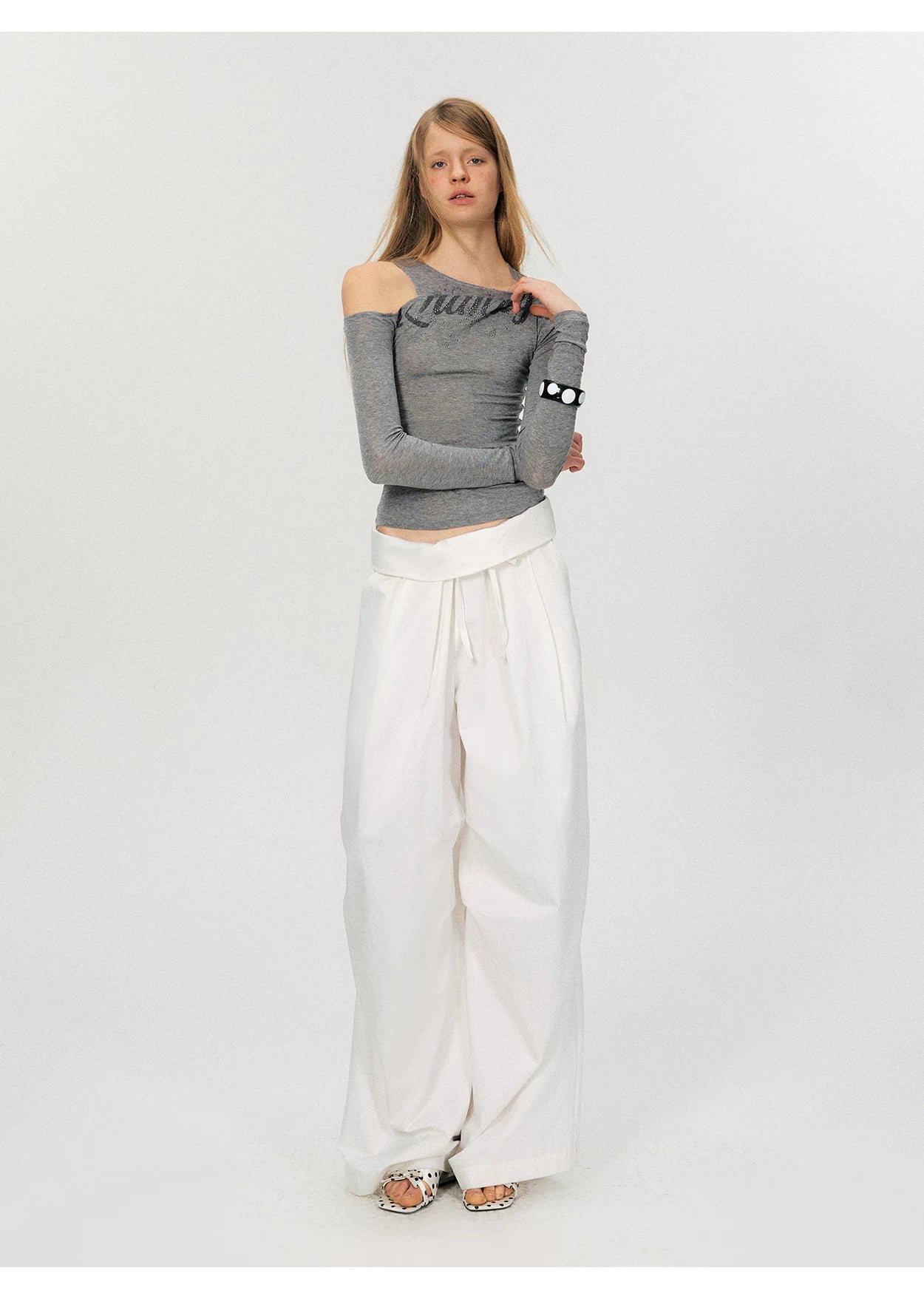 Asymmetric Rhinestone Graphic Cut-Out Slim Fit Top