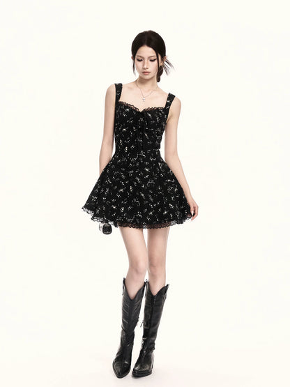 Midnight Bloom Square-Neck Floral Mini Dress