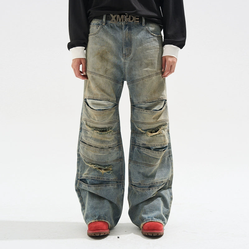 Layered Distressed Washed Loose Fit Denim Jeans