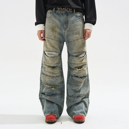 Layered Distressed Washed Loose Fit Denim Jeans