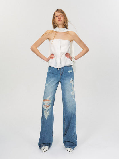 Sheer Utility-Inspired Strapless Peplum Top