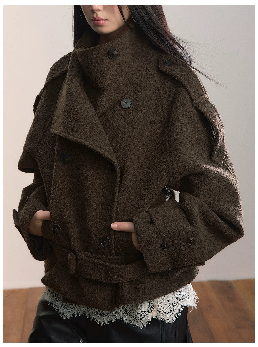 Contrast Double-Breasted Wool-Blend Belted Jacket