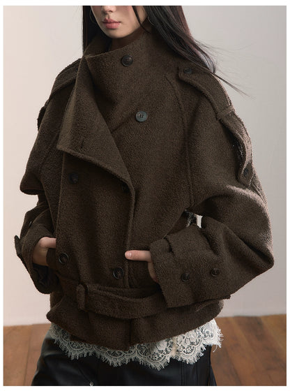 Contrast Double-Breasted Wool-Blend Belted Jacket